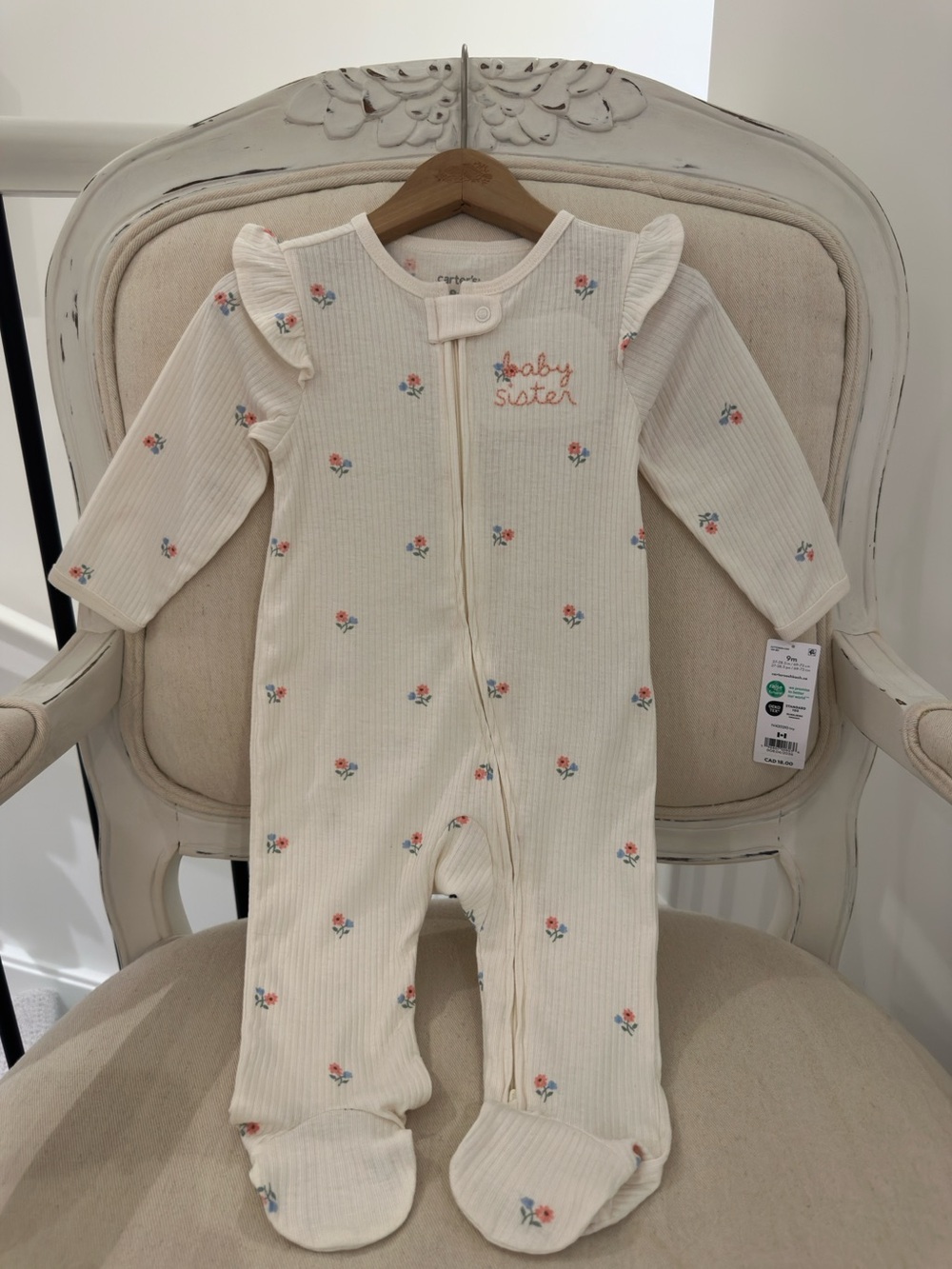 🦢 9 Month 100% Cotton Ribbed Knit baby Sister Ruffle Floral Baby Footie NWT